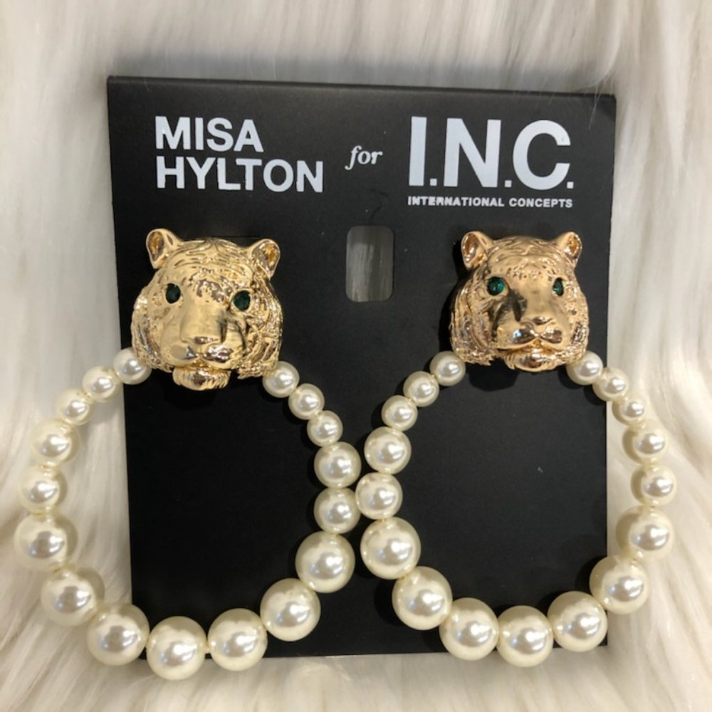 INC Tiger & Faux Pearl Hoop Earrings